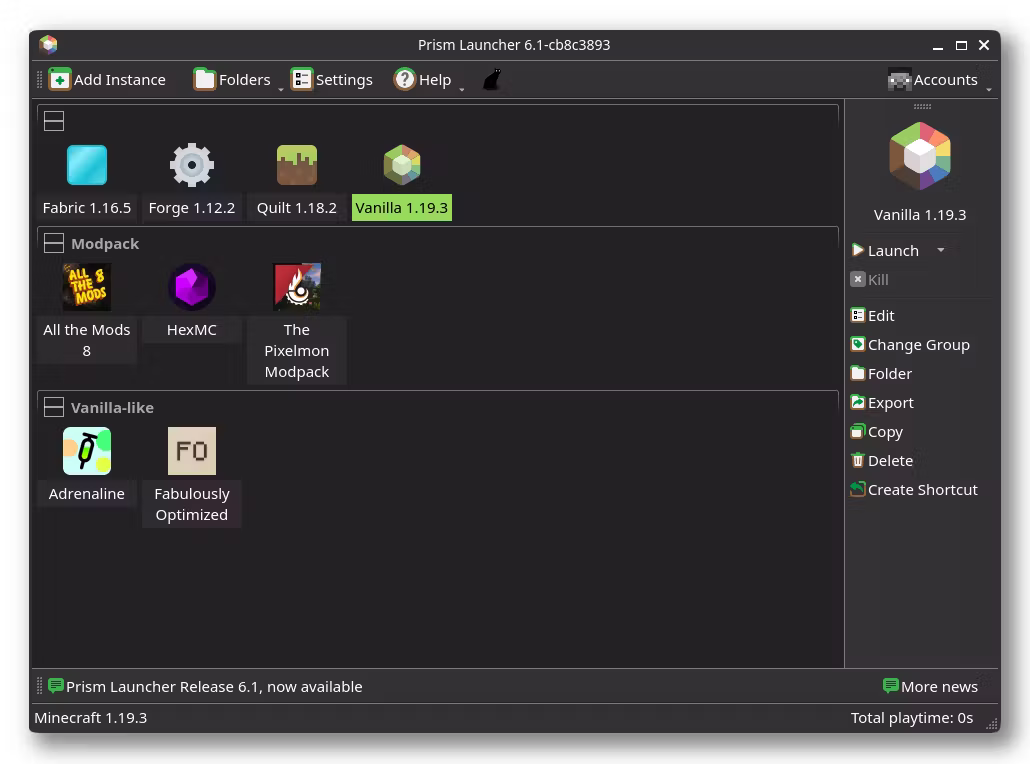 Prism Launcher instance overview with edge-aligned controls and launch status