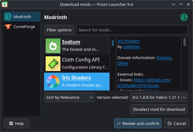 Mod browser inside Prism Launcher showing available updates for an instance