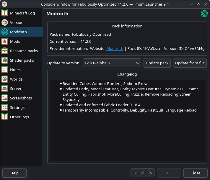Modpack update progress view inside an isolated Prism Launcher instance