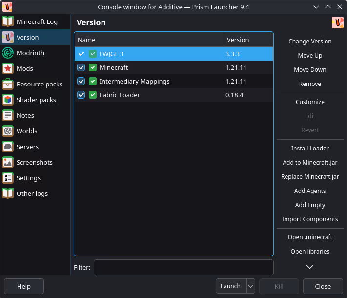Java and memory settings panel for a single Prism Launcher instance